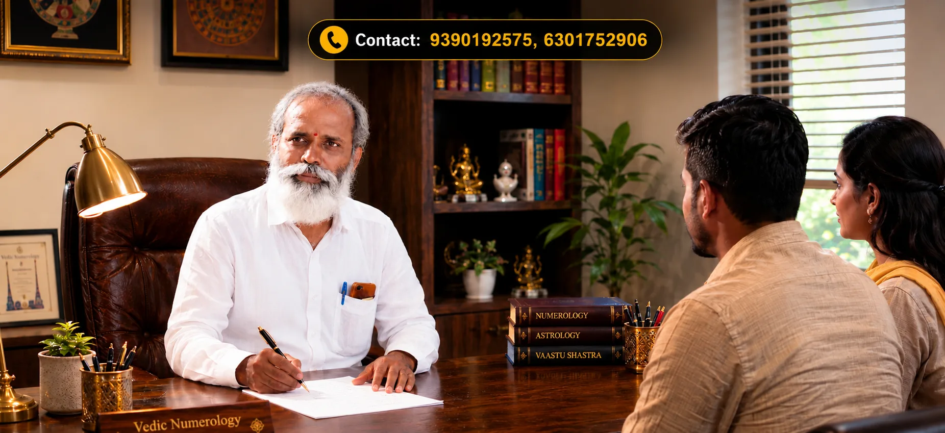 Shri. Ramesh Seetha giving a numerology consultation to a couple at his office. Contact 9390192575, 6301752906