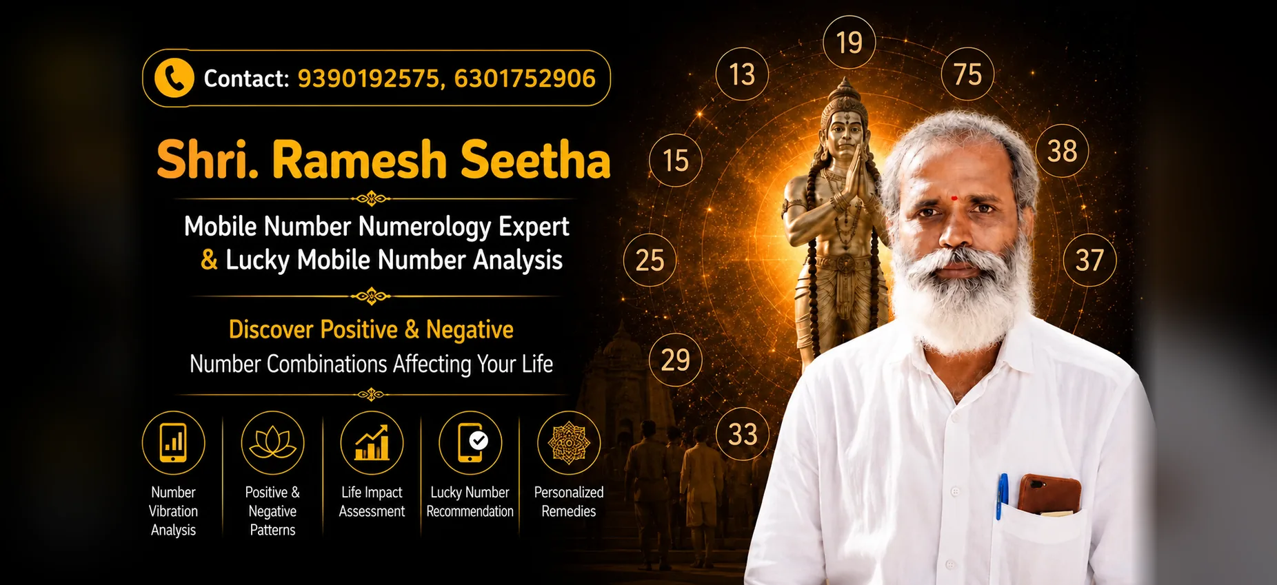 Shri. Ramesh Seetha, Mobile Number Numerology Expert and Lucky Mobile Number Analysis. Contact 9390192575, 6301752906