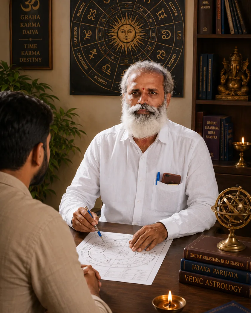 Astrologer Shri. Ramesh Seetha reading a horoscope during an astrology consultation