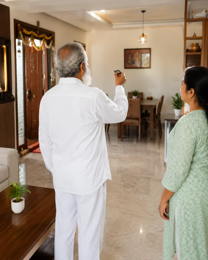 Vastu expert Shri. Ramesh Seetha checking a home layout during a Vastu consultation